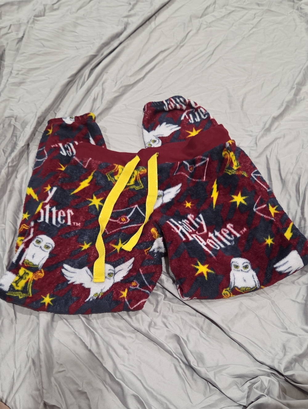 Burgundy Plush Pajama Pants with Yellow Drawstring